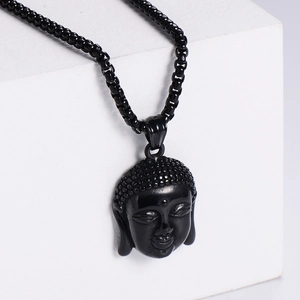 Matte black Buddha head pendant necklace with matching bead chain for men
