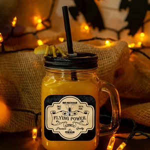 Halloween poison potion bottle label on mason jar with black lid and straw decoration