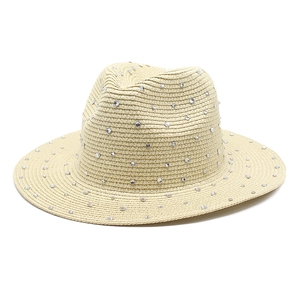 Classic beige straw sun hat with wide brim and rhinestones for women, elegant Fedora style