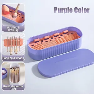 Purple makeup brush cleaning kit with silicone mat, drying rack, and storage container