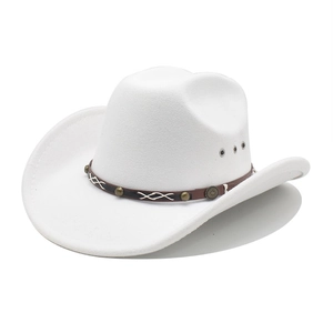 Classic white wool felt cowboy hat with studded brown leather band and side air vents