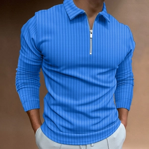 Detail of blue men's slim-fit long-sleeve polo shirt with zipper and ribbed texture