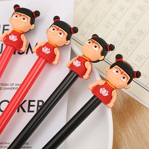 Cartoon gel pens with 3D silicone character toppers on artistic paper backgrounds