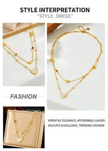 Close-up of gold-plated layered necklace featuring white shell heart and zircon details