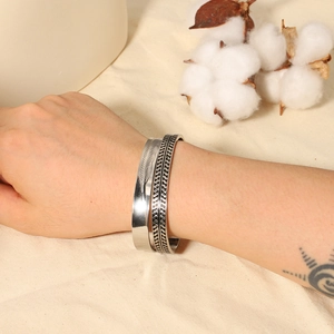 Vintage Stainless Steel Open Cuff Bracelet Feather Geometric Adjustable Bangle Retro Jewelry For Women Men