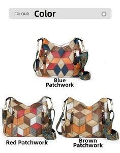 Detail view of large tote bags with color-block stitching and ethnic style wide straps
