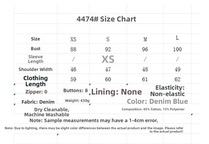 Detailed size chart for sleeveless denim vest and shorts set with fabric specifications