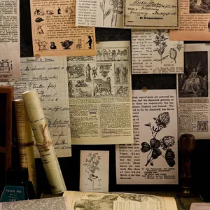 Retro scrapbook material pack featuring vintage mushroom, butterfly, and moon phase designs