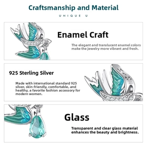 Macro detail of S925 silver swallow charm with blue-green enamel and teardrop gemstone
