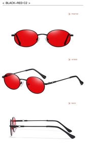 Retro-Sonnenbrille mit kleinem Metallrahmen und roten Gläsern in drei Ansichten
