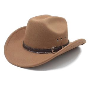 Detail of wide brim western cowboy hat featuring metallic eyelets and brown belted trim