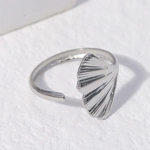 Minimalist silver ginkgo leaf open ring in stainless steel with detailed textures