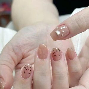 Cute Cat Face Paw Prints Press On Nails Nude Pink Glossy Short Square Wearable Fake Nails Manicure For Women