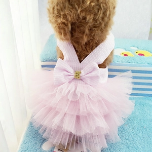 Pink plaid pet princess dress with layered tulle skirt and golden bead bow decoration