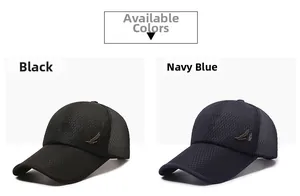 Detail of mesh baseball caps in black and navy with feather metal badges and long brims