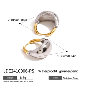 Two-tone stainless steel geometric hoop earrings with precise diameter measurements