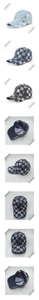 Detail of sequin checkerboard baseball cap with blue and black patterns and mesh lining