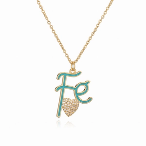 Gold Fe letter pendant necklace with blue enamel and sparkling rhinestone heart charm