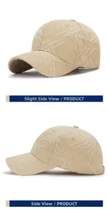 Close-up of khaki cotton baseball cap featuring unique star-shaped distressed hole details