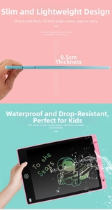 Detailed view of 12-inch LCD writing tablet showing 0.5cm slim body and waterproof feature
