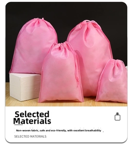 Pink non-woven drawstring bags showing multiple sizes and breathable eco-friendly fabric