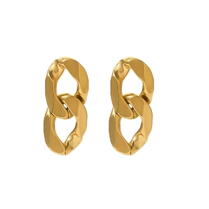 Detailed view of irregular 18K gold-plated geometric link earrings on white background