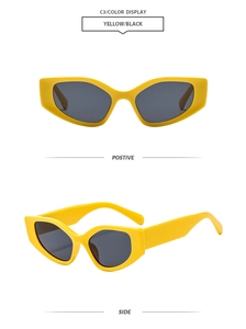 Detailed front and side views of vibrant yellow cat-eye sunglasses with dark grey lenses