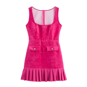 Samt Ärmelloses Kleid Mit Eckigem Ausschnitt Und Plissee-Saum In Rosa Retro-Stil Für Damen