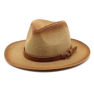 Classic gradient brown straw fedora hat with a leather belt and gold buckle for sun protection