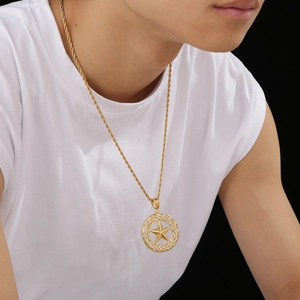 Hiphop gold plated stainless steel star pendant necklace with woven frame for men