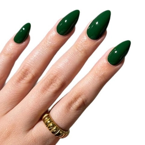 Glossy forest green stiletto press-on nails set with long almond shape and shiny finish