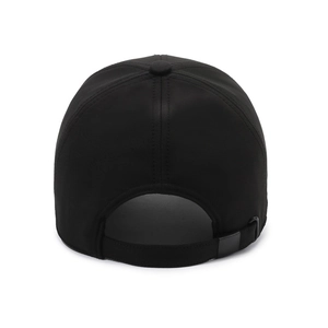 Rear view of a black minimalist baseball cap with adjustable strap and metal buckle