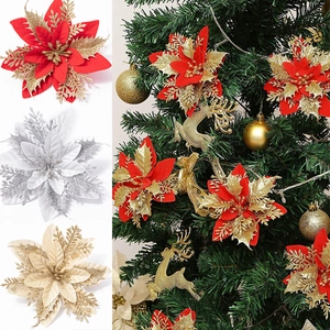 Glittery 14cm artificial poinsettia flowers for Christmas tree and wreath decoration