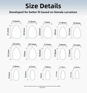 Detailed size chart for minimalist white press-on nails with 15 different nail measurements