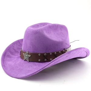 Detail of purple faux suede cowboy hat with brown leather band and silver star badge