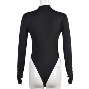 Detail of black long sleeve bodysuit with high neck and thumbholes on mannequin