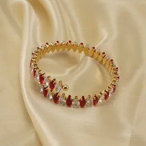 Adjustable 18K gold stainless steel bangle with red and white marquise zircons