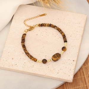 Maillard style tiger eye beaded necklace with gold stainless steel chain and lobster clasp