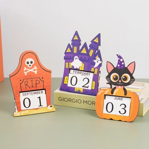 Three Halloween countdown calendars featuring tombstone, castle, and pumpkin cat designs