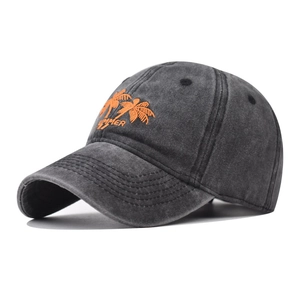 Washed dark grey cotton baseball cap with orange summer coconut tree embroidery