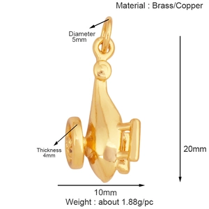 Technical dimensions of brass airplane pendant: 20x10mm size and 1.88g weight details