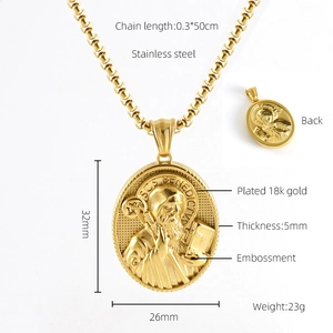 18K gold plated stainless steel 3D religious St. Benedict pendant necklace for men