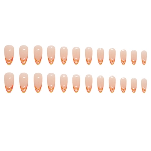 Unghie finte a mandorla con base nude e motivi a fiamma arancione, set da 24 pezzi
