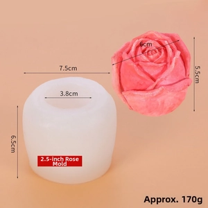 3D rose silicone mold dimensions showing 7.5cm diameter for DIY candle making