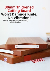 Detail of 30mm thick solid wood cutting board with metal edge and non-slip pads