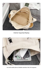 Détail de l'intérieur spacieux d'un sac fourre-tout en toile blanc cassé avec poche