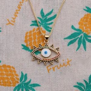 Detailed macro view of the evil eye pendant with vibrant multicolored zircon stones
