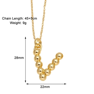 Detail view of 18k gold plated letter V pendant with 45cm chain and size specifications