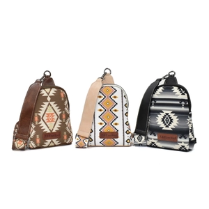 Detailed view of three canvas crossbody bags with geometric ethnic patterns and leather straps