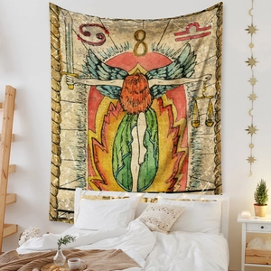 Detail of vintage tarot tapestry featuring zodiac symbols and scales as a bedroom wall decor
